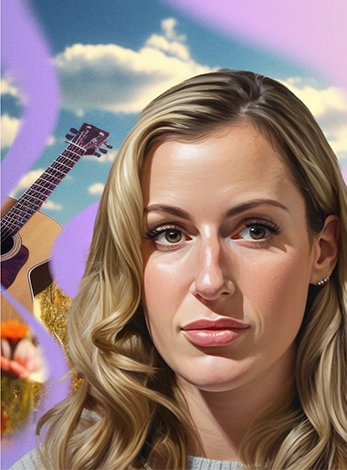 Chelsea, a young blonde woman with polycythemia vera, poses in front of an AI-generated image of a guitar in a field