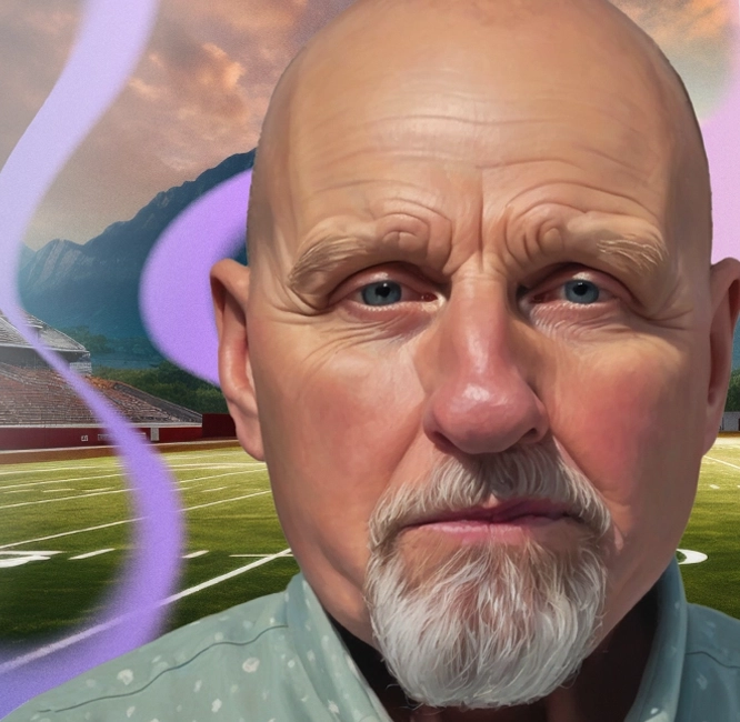 Mickey, an older man with polycythemia vera, stands superimposed in front of an AI-generated image of a football field
