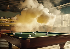 An AI visualization of polycythemia vera symptoms, showing a cloud of dust over a pool table