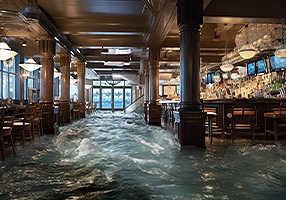 An AI visualization of polycythemia vera symptoms, expressing fatigue with a restaurant and bar flooding with water