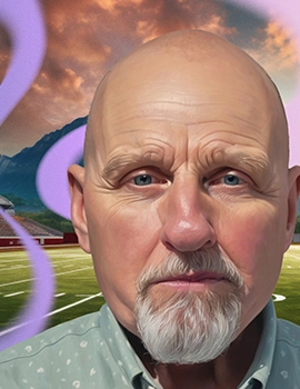 Mickey, an older man with polycythemia vera, stands superimposed in front of an AI-generated image of a football field