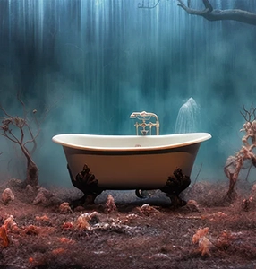 An AI visualization of polycythemia vera symptoms, expressing itching with an image of a bathtub surrounded by barbs