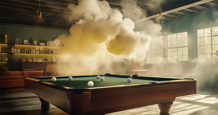 An AI visualization of polycythemia vera symptoms, showing a cloud of dust over a pool table