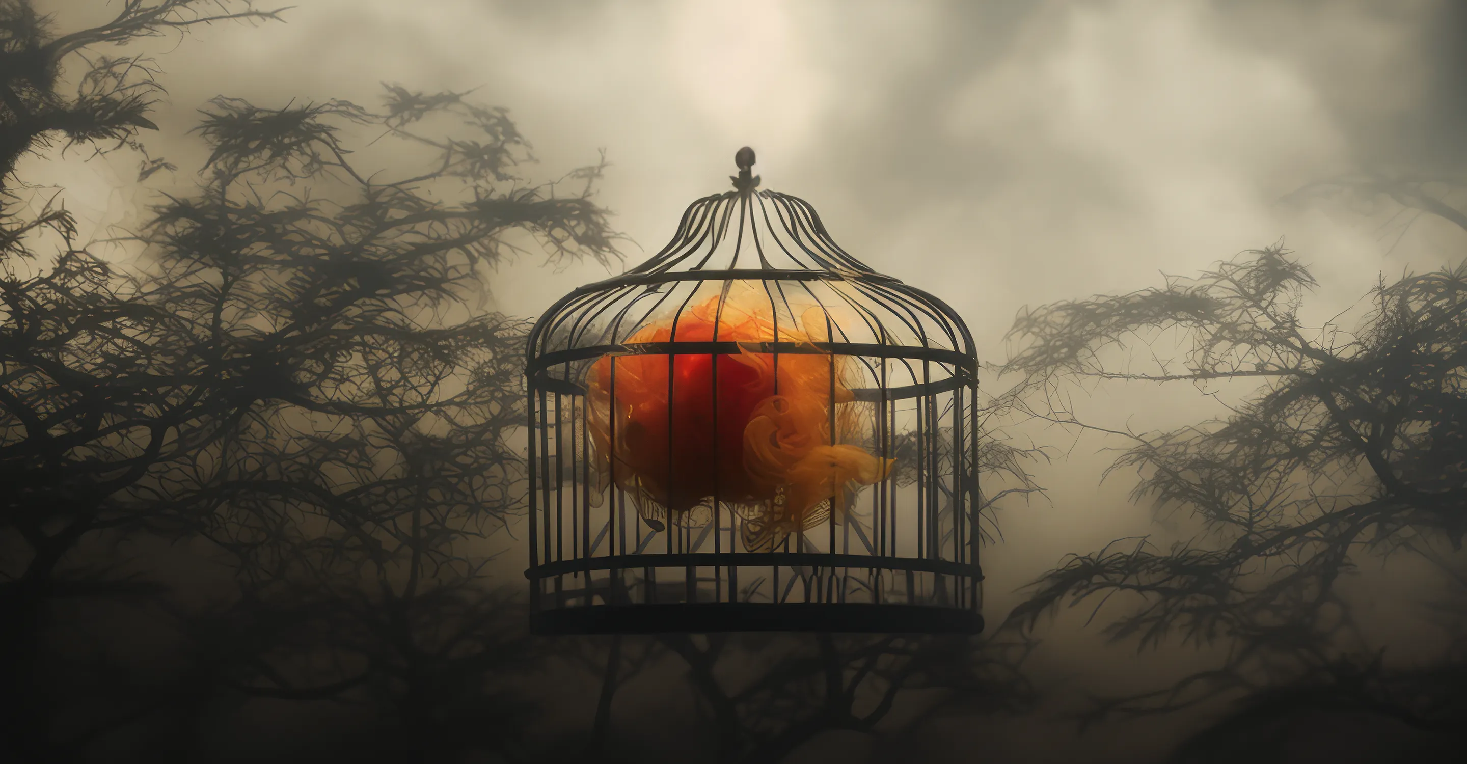 An AI visualization of polycythemia vera symptoms, showing an oversized floating birdcage filled with orange smoke against a cloudy sky