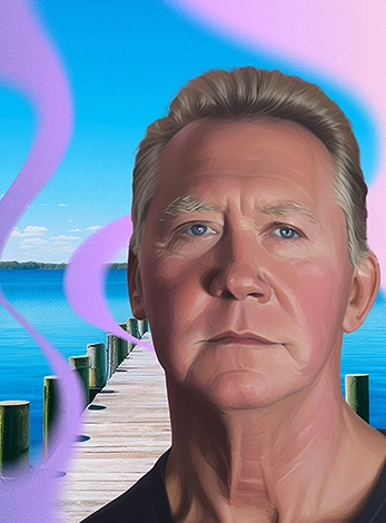 Dave, an older man with polycythemia vera, stands superimposed in front of an AI-generated image of a pier leading out to water
