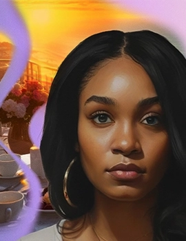 Ashlee, a young African American woman with polycythemia vera, poses in front of an AI-generated image of a table set for tea on a patio in the sunset