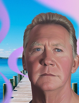 Dave, an older man with polycythemia vera, stands superimposed in front of an AI-generated image of a pier leading out to water