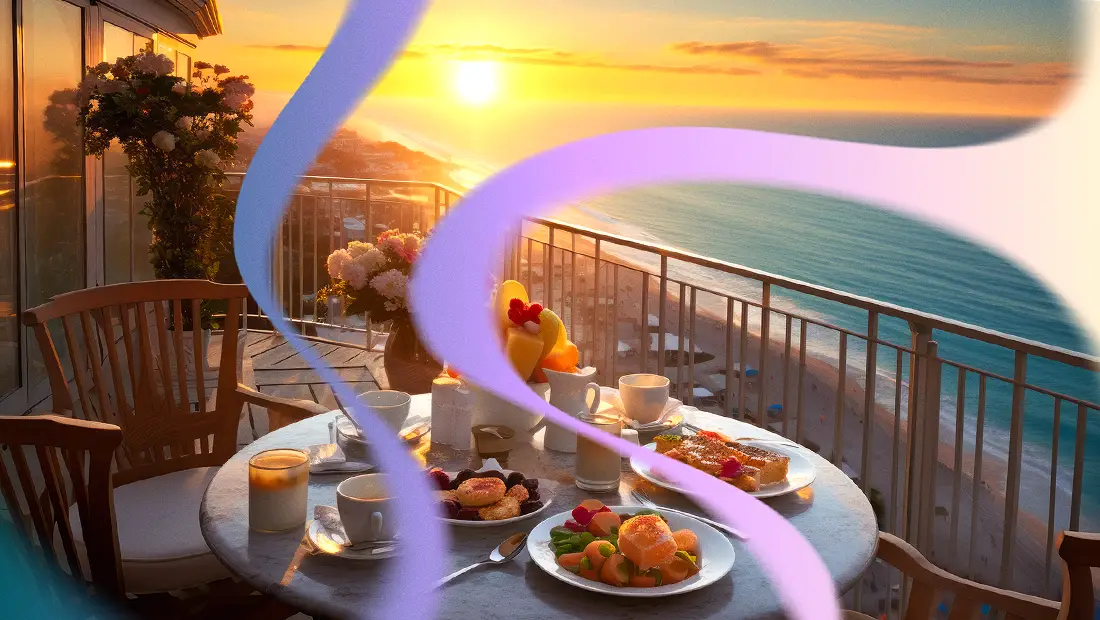 An AI visualization of polycythemia vera symptoms, including a table set for tea on a patio next to a beach sunset