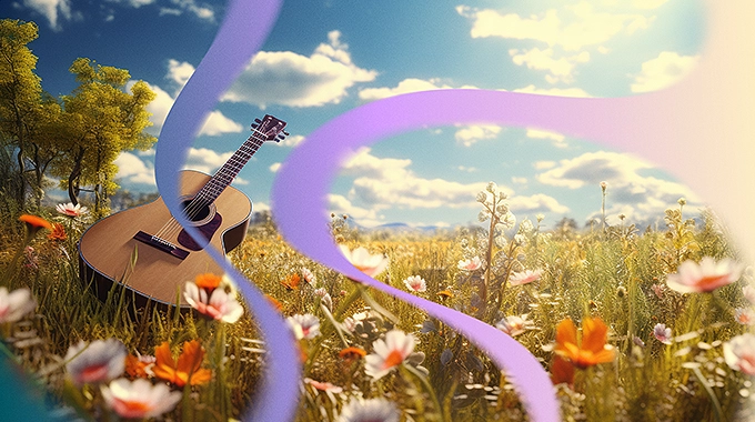 An AI visualization of polycythemia vera symptoms, showing guitar in a field of flowers