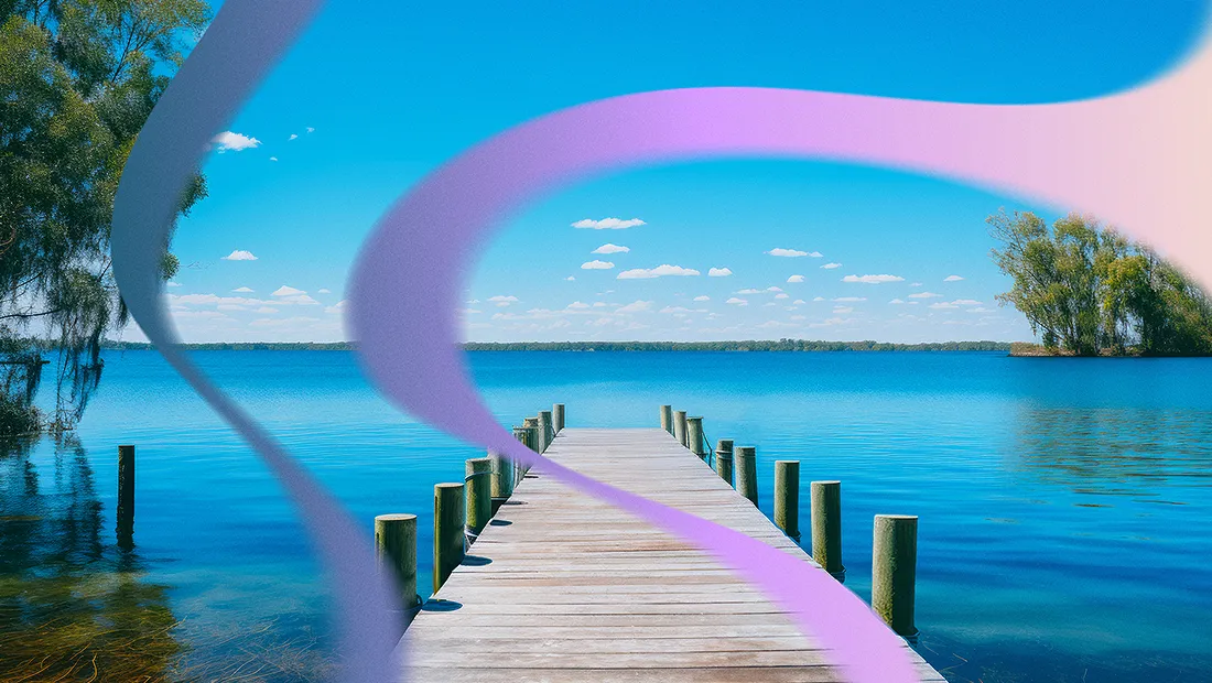 An AI visualization of polycythemia vera symptoms, showing a pier leading out to a body of water