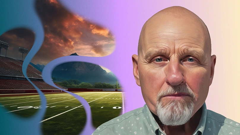 An AI visualization of polycythemia vera symptoms, showing a football field in the sunset against the background of a mountain range