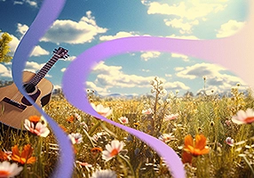 An AI visualization of polycythemia vera symptoms, showing guitar in a field of flowers
