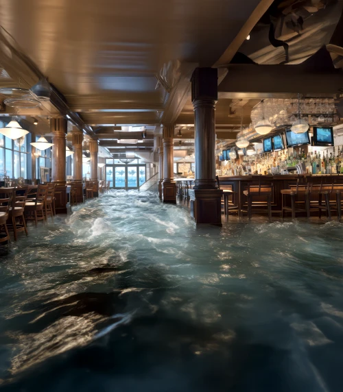 An AI visualization of polycythemia vera symptoms, expressing fatigue with a hotel bar that is flooding with water.