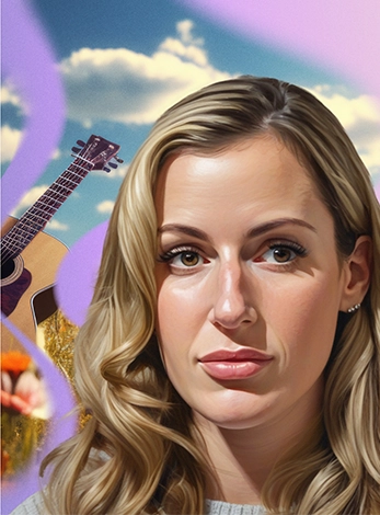 Chelsea, a young blonde woman with polycythemia vera, poses in front of an AI-generated image of a guitar in a field.
