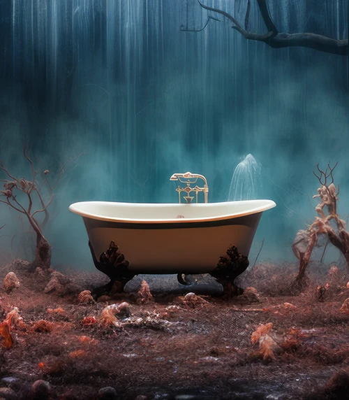 An AI visualization of polycythemia vera symptoms, expressing itching with an image of a bathtub surrounded by barbs