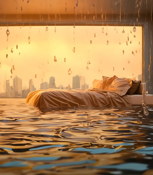 An AI visualization of polycythemia vera symptoms, expressing night sweats with an image of a bed floating in water
