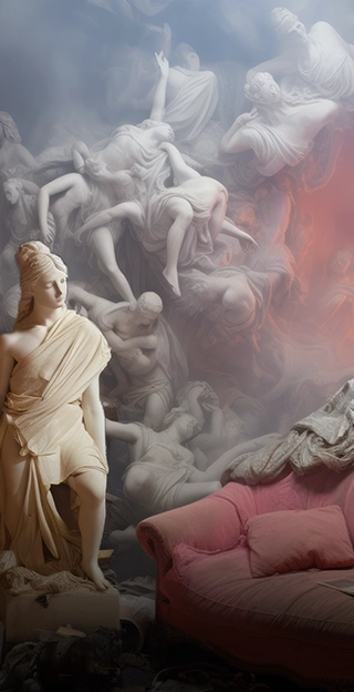 An AI visualization of polycythemia vera symptoms, expressing fatigue with an image of a room overrun with statues and clutter