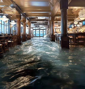 An AI visualization of polycythemia vera symptoms, expressing fatigue with a hotel bar that is flooding with water.