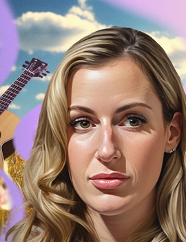 Chelsea, a young blonde woman with polycythemia vera, poses in front of an AI-generated image of a guitar in a field.
