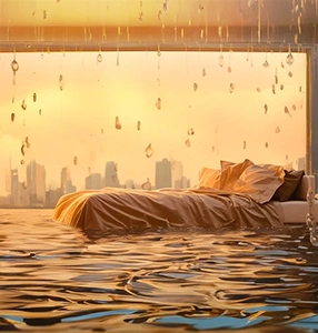 An AI visualization of polycythemia vera symptoms, expressing night sweats with an image of a bed floating in water