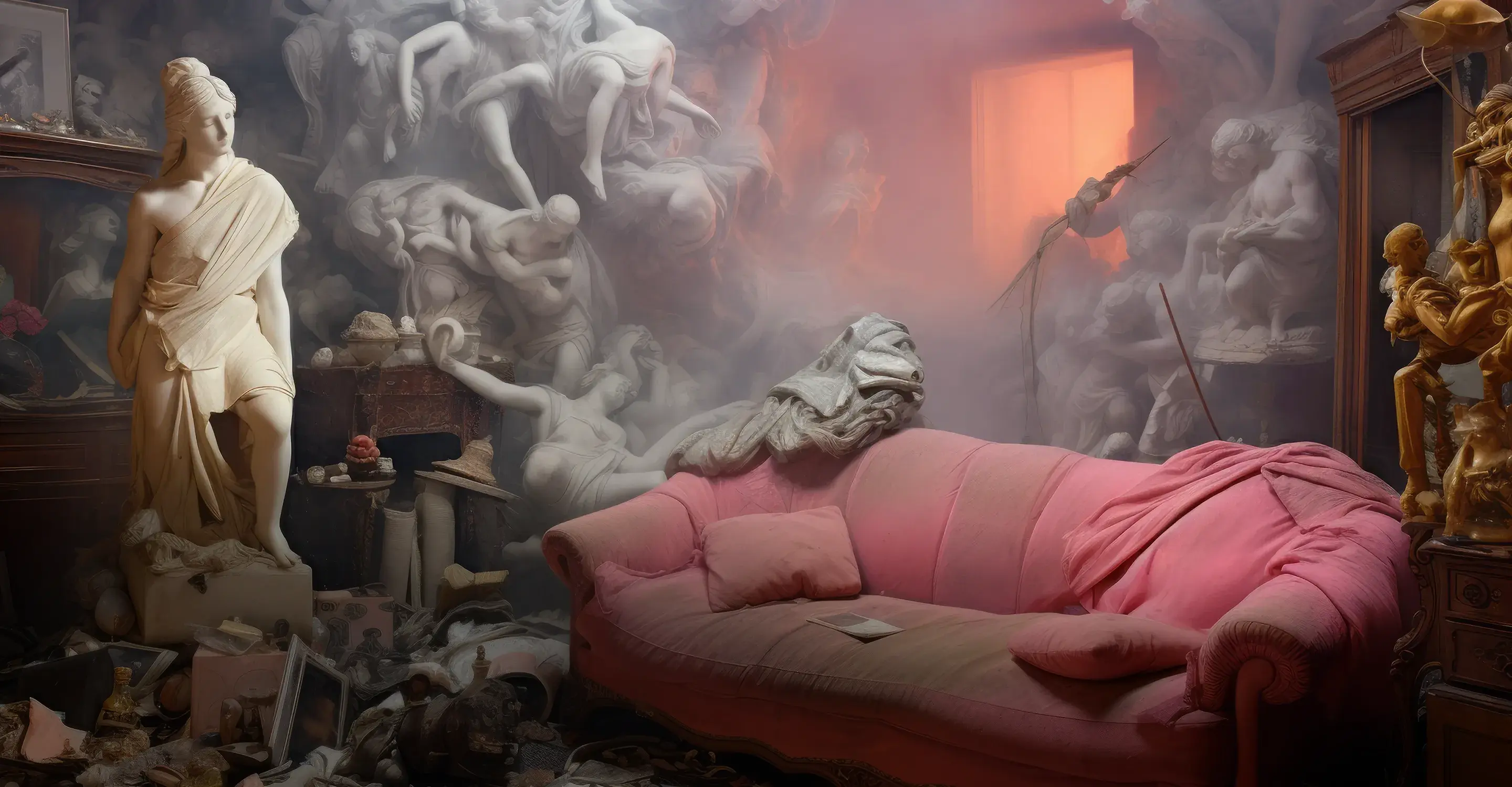 An AI visualization of polycythemia vera symptoms, expressing fatigue with an image of a room overrun with statues and clutter