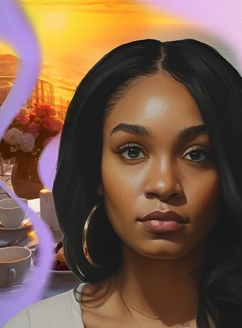 Ashlee, a young woman with polycythemia vera, poses in front of an AI-generated image of a table set for tea on a patio at sunset.
