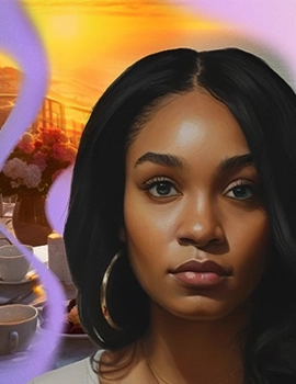 Ashlee, a young woman with polycythemia vera, poses in front of an AI-generated image of a table set for tea on a patio at sunset.