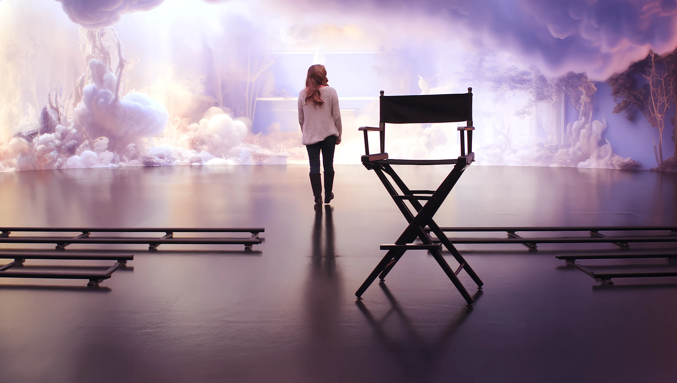 A woman facing away from the camera walks from a director's chair and toward an AI-generated cloud backdrop on a film set.