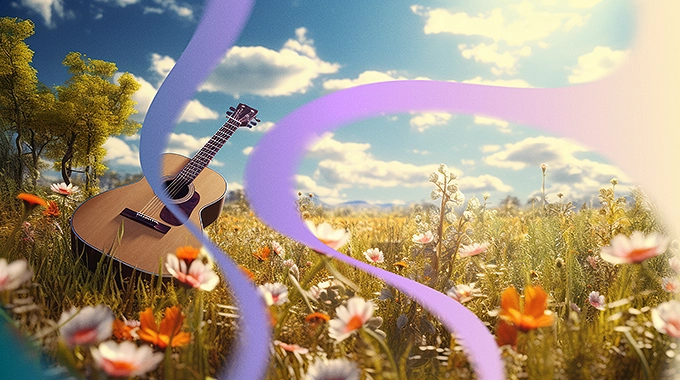 An AI visualization of polycythemia vera patient's perfect day, showing a guitar in a field of flowers.