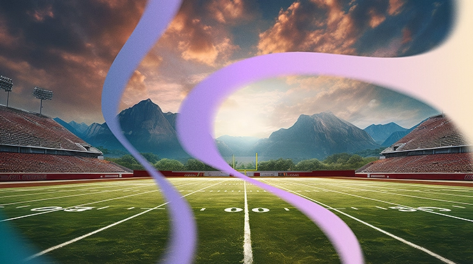 An AI visualization of polycythemia vera patient's perfect day, showing a football field at sunset against a mountain backdrop.