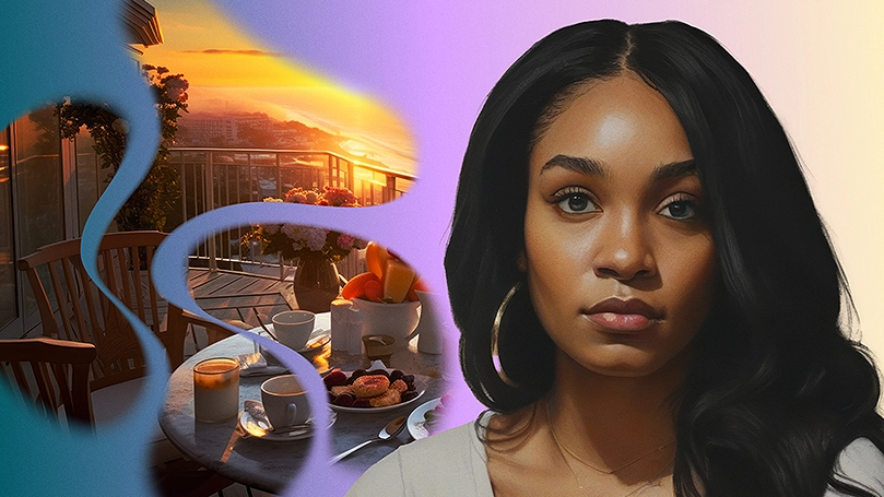 Ashlee, a young woman with polycythemia vera, poses in front of an AI-generated image of a table set for tea on a patio at sunset.