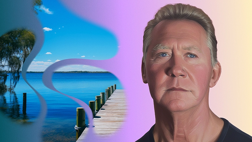 An AI visualization of polycythemia vera symptoms, showing a pier leading out to a body of water