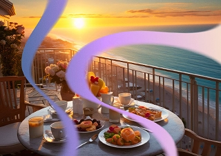 An AI visualization of a polycythemia vera patient's perfect day, with a table set for tea on a patio next to a beach sunset.
