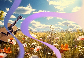An AI visualization of polycythemia vera patient's perfect day, showing a guitar in a field of flowers.
