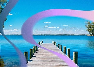 An AI visualization of polycythemia vera patient's perfect day, showing a pier leading out to a body of water.