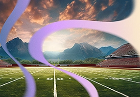 An AI visualization of polycythemia vera patient's perfect day, showing a football field at sunset against a mountain backdrop.