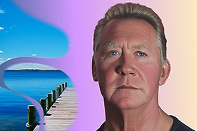 An AI visualization of polycythemia vera symptoms, showing a pier leading out to a body of water