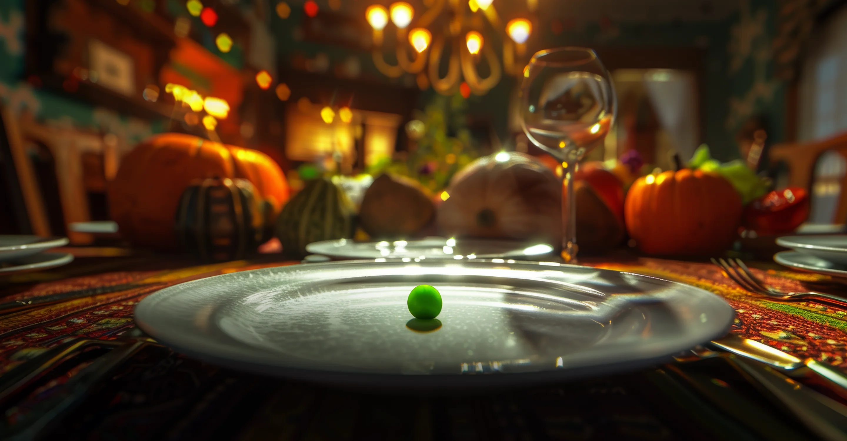 An AI visualization of myelofibrosis symptoms, expressing abdominal discomfort with a green pea on a gray plate.