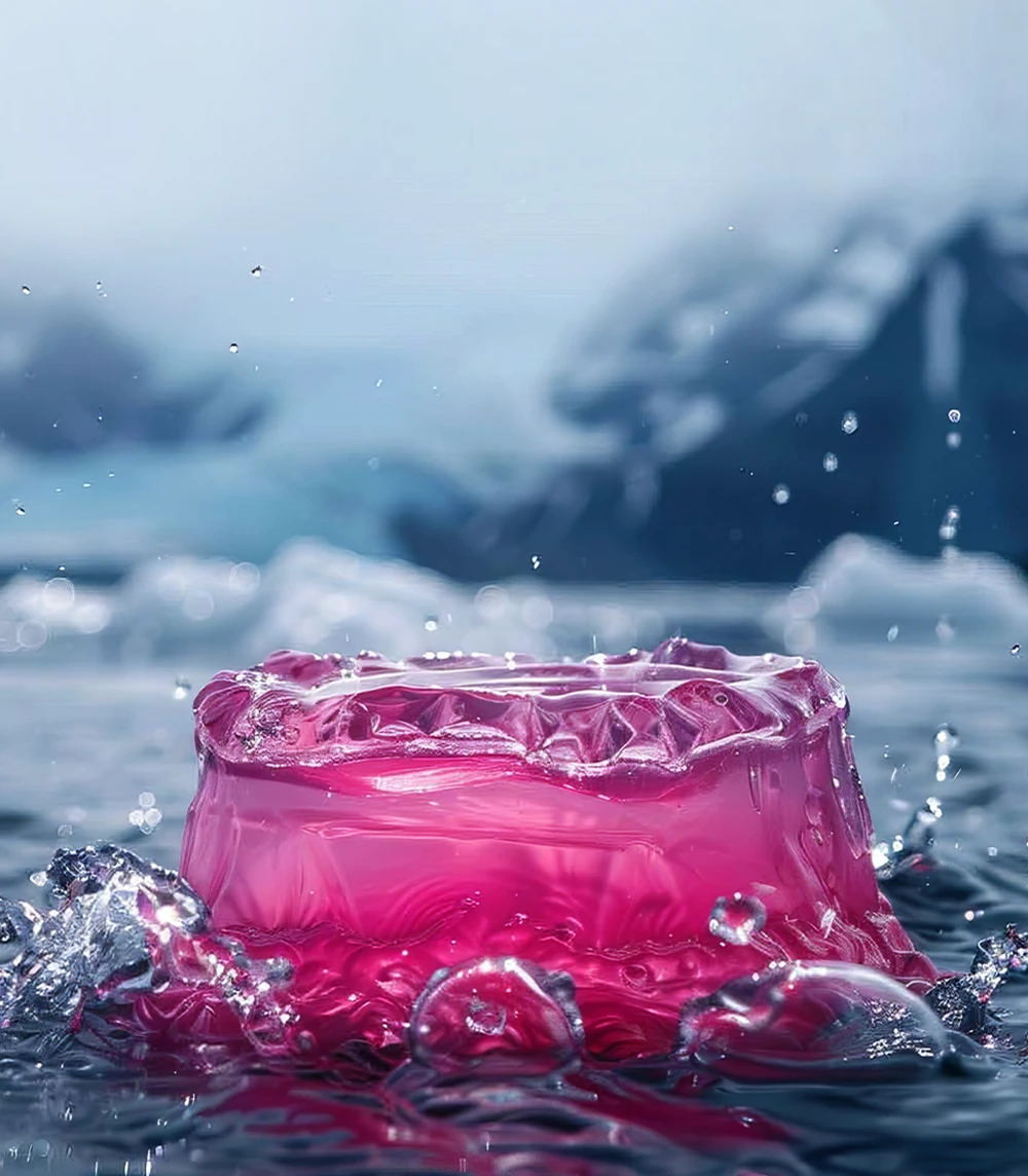 An AI visualization of myelofibrosis symptoms, expressing fever with pink gelatin in front of snowy mountains.