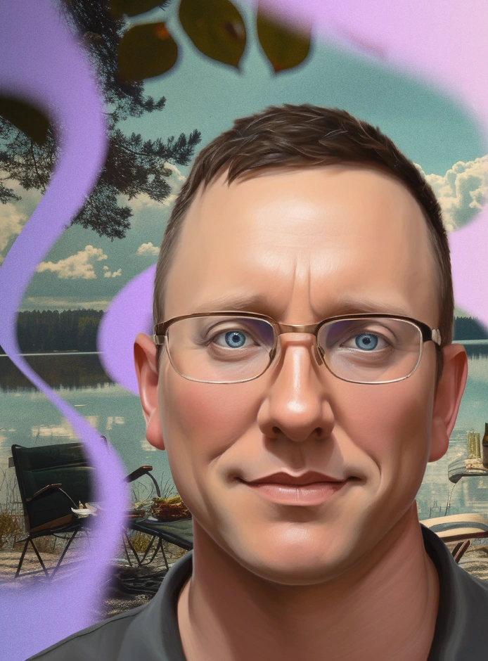 Ben, a middle-aged man with myelofibrosis, poses in front of an AI-generated image of a picnic at the lake.