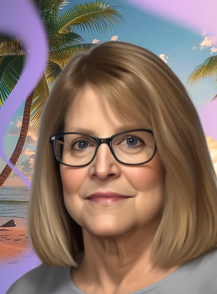 Marilyn, a woman with myelofibrosis, poses in front of an AI-generated image of a beach at sunset.