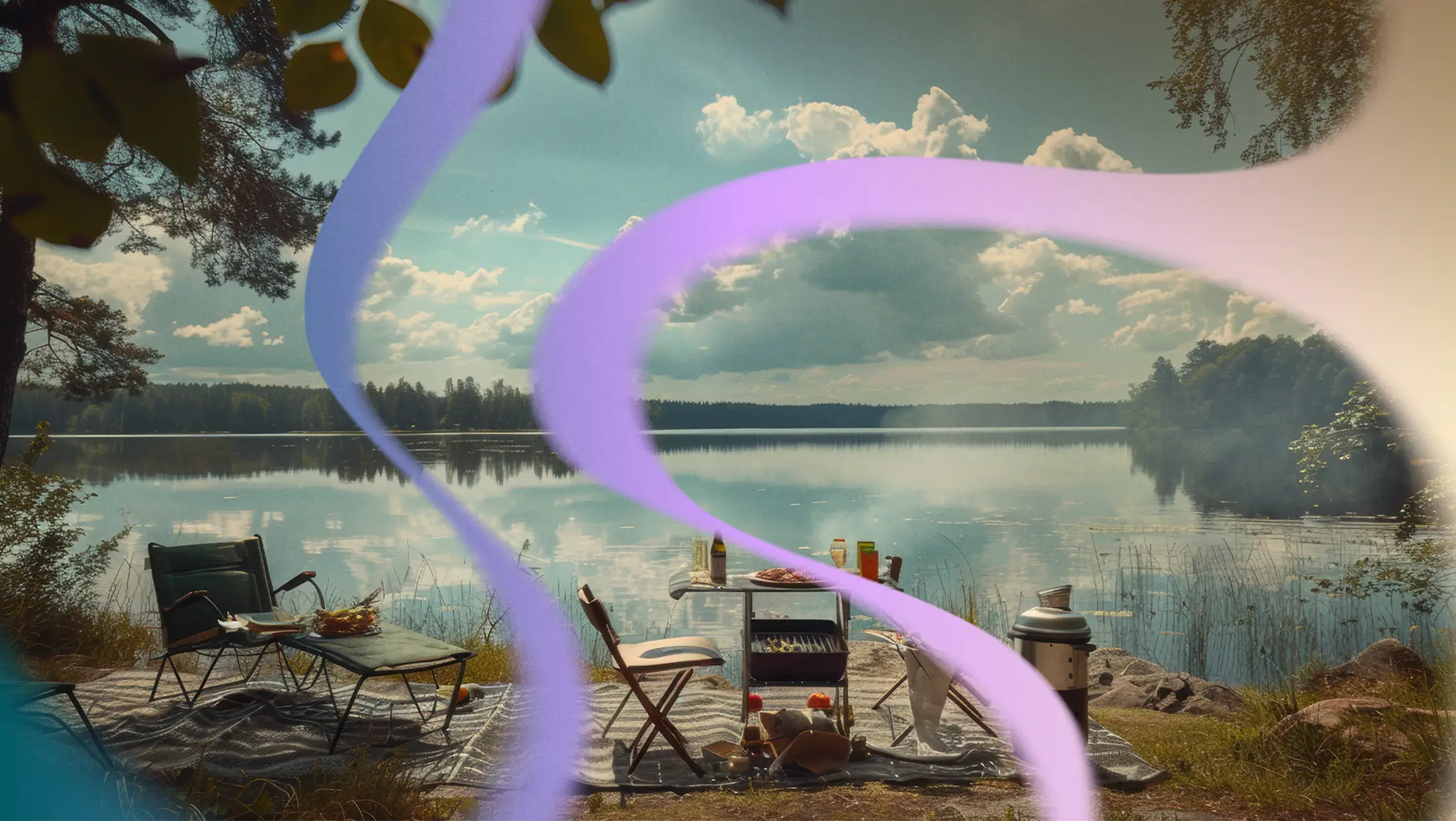 An AI visualization of an myelofibrosis patient's perfect day, with a picnic at the lake on a sunny day.
