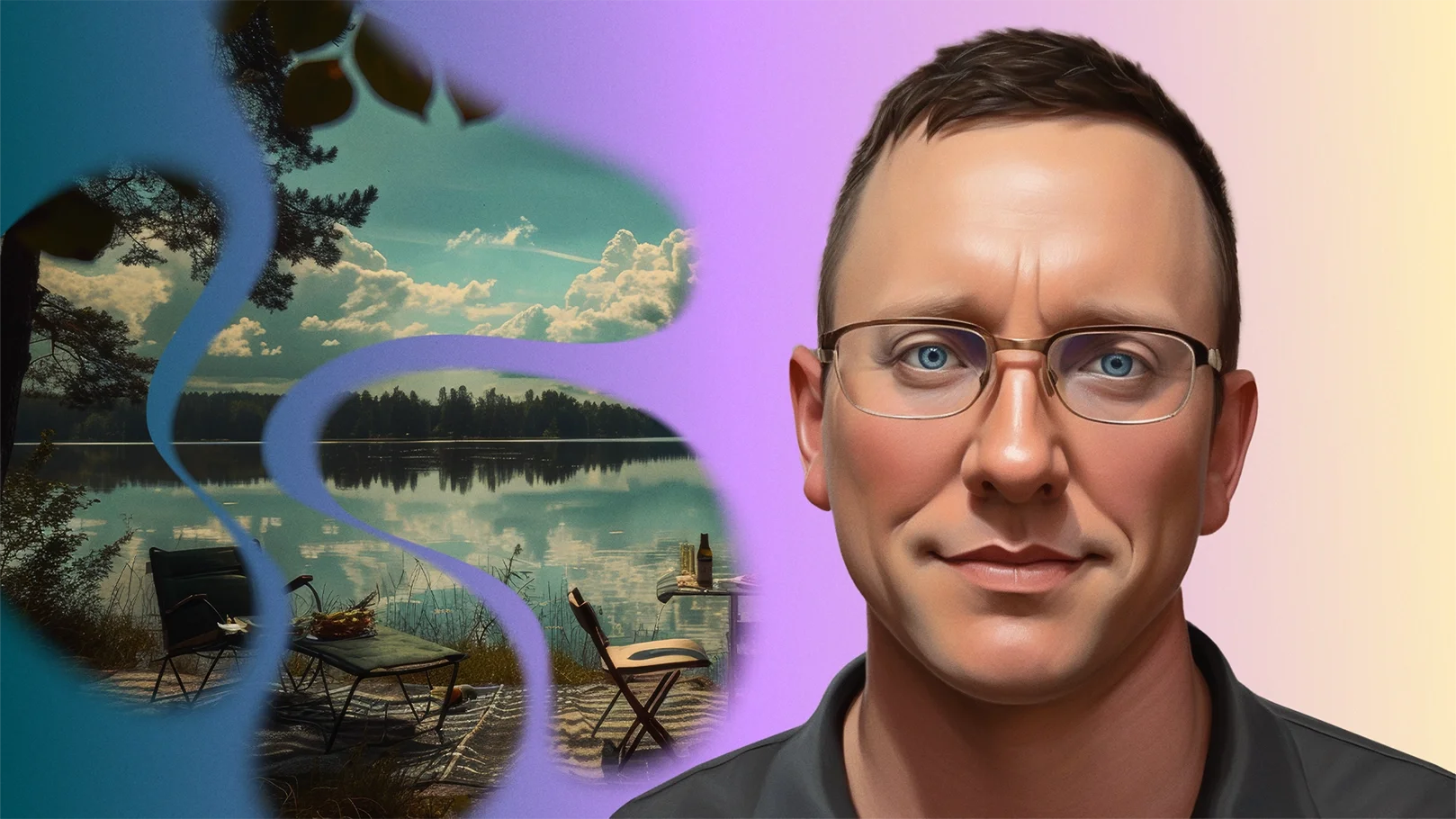 Ben, a middle-aged man with myelofibrosis, poses in front of an AI-generated image of a picnic at the lake.