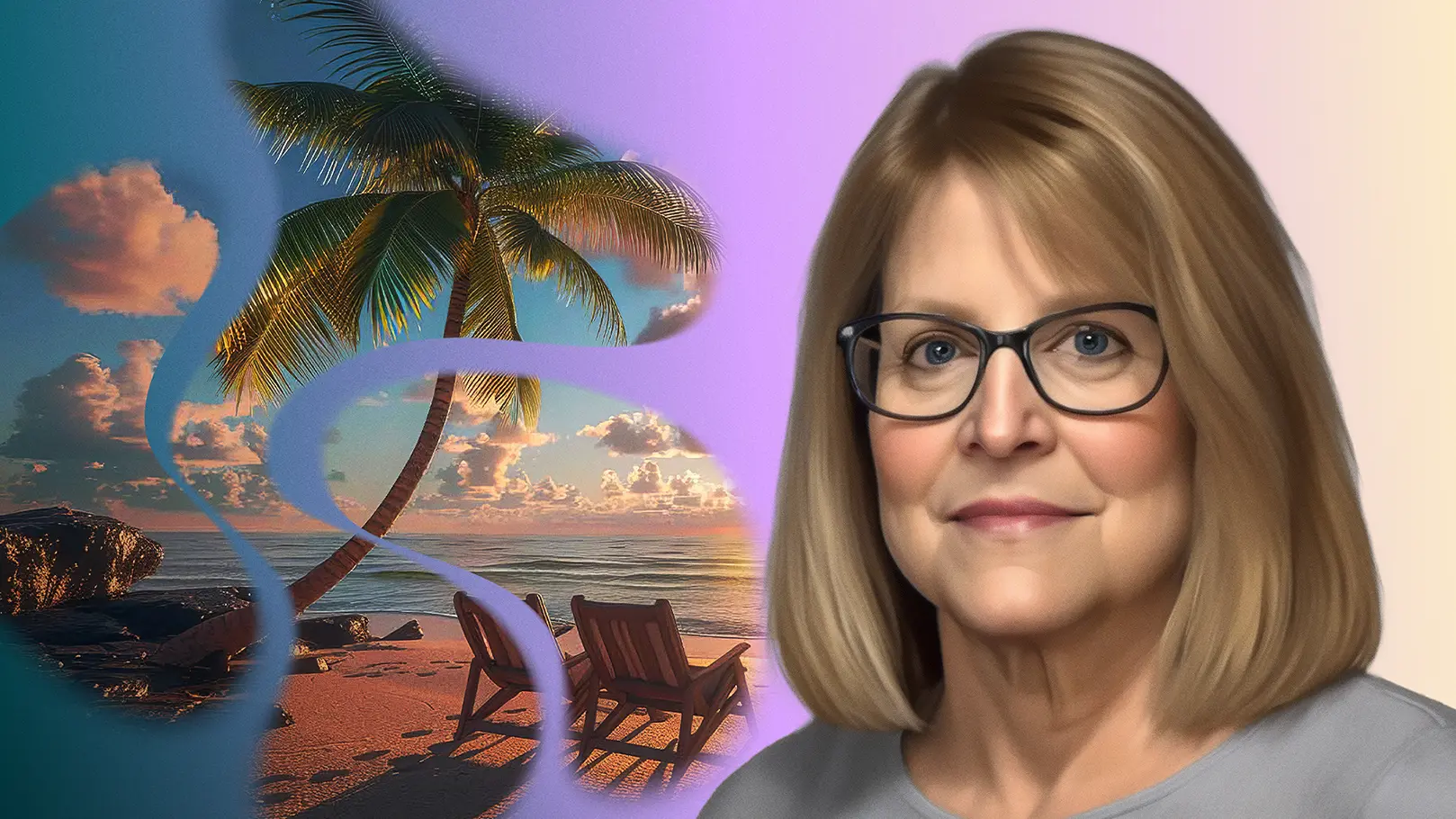 Marilyn, a woman with myelofibrosis, poses in front of an AI-generated image of a beach at sunset.