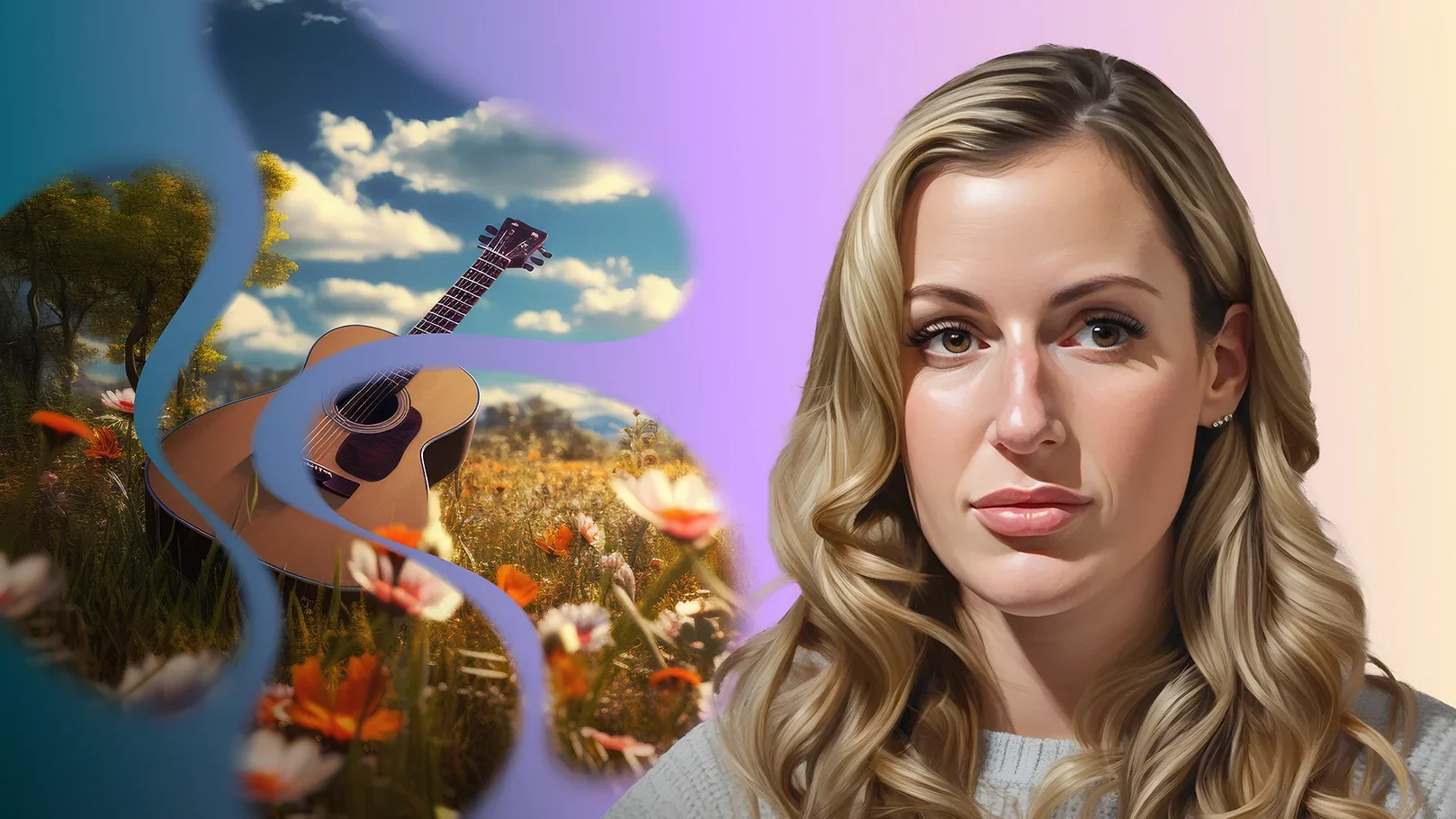 Chelsea, a young woman with polycythemia vera, stands in front of an AI-generated background of pink clouds and looks upwards.