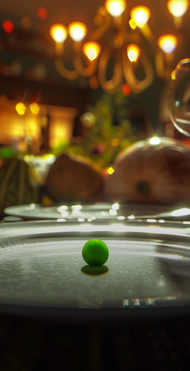 An AI visualization of myelofibrosis symptoms, expressing abdominal discomfort with a green pea on a gray plate.