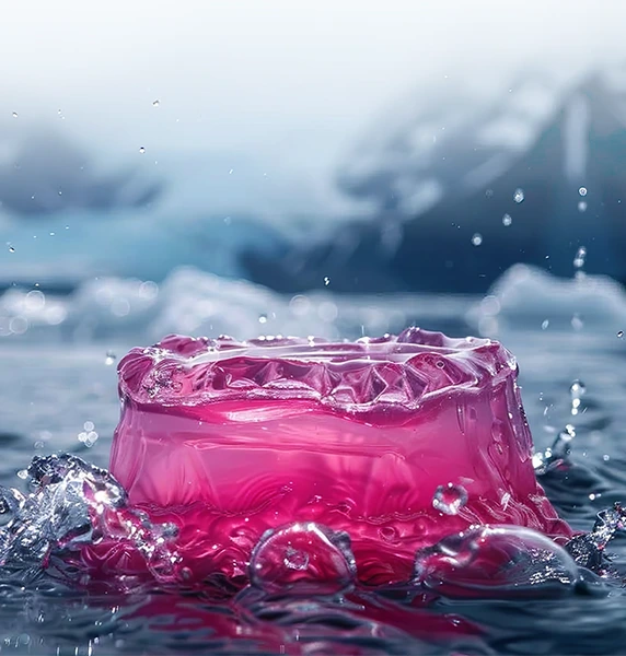 An AI visualization of myelofibrosis symptoms, expressing fever with pink gelatin in front of snowy mountains.