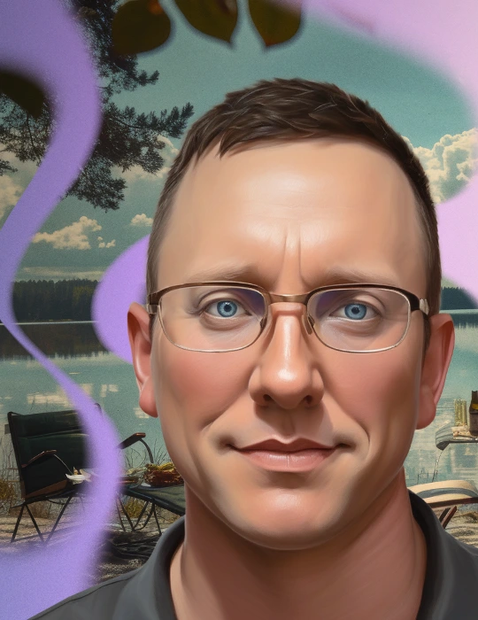 Ben, a middle-aged man with myelofibrosis, poses in front of an AI-generated image of a picnic at the lake.