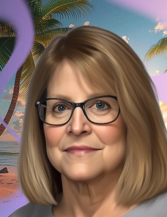 Marilyn, a woman with myelofibrosis, poses in front of an AI-generated image of a beach at sunset.