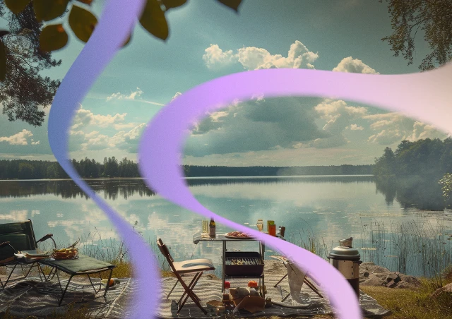An AI visualization of an myelofibrosis patient's perfect day, with a picnic at the lake on a sunny day.